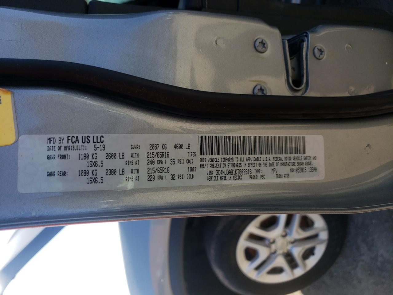 2019 Jeep Compass Sport VIN: 3C4NJDAB1KT802816 Lot: 54598095