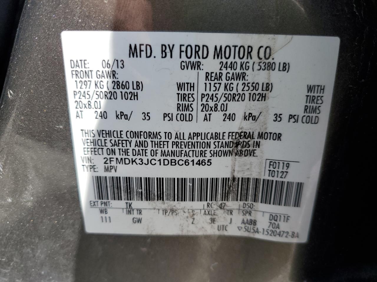 2013 Ford Edge Sel VIN: 2FMDK3JC1DBC61465 Lot: 52206725