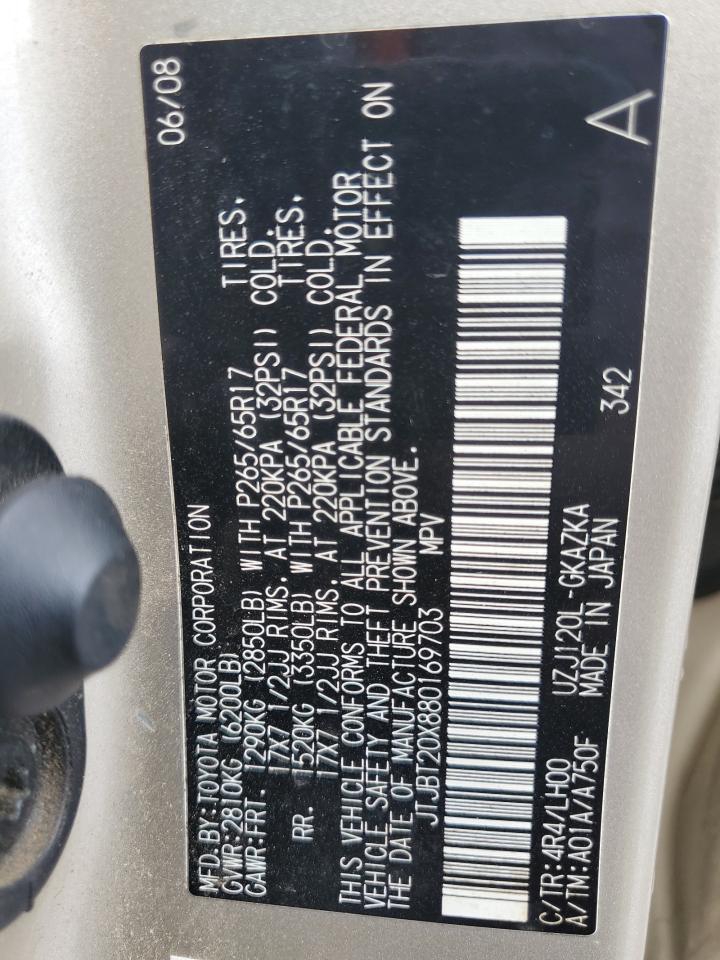 2008 Lexus Gx 470 VIN: JTJBT20X880169703 Lot: 51767925