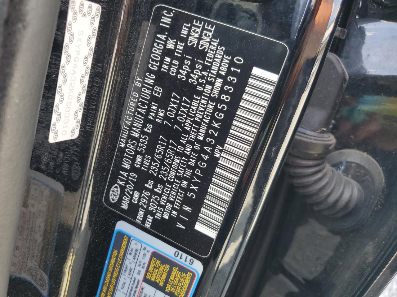 2019 Kia Sorento L VIN: 5XYPG4A32KG583310 Lot: 54387775