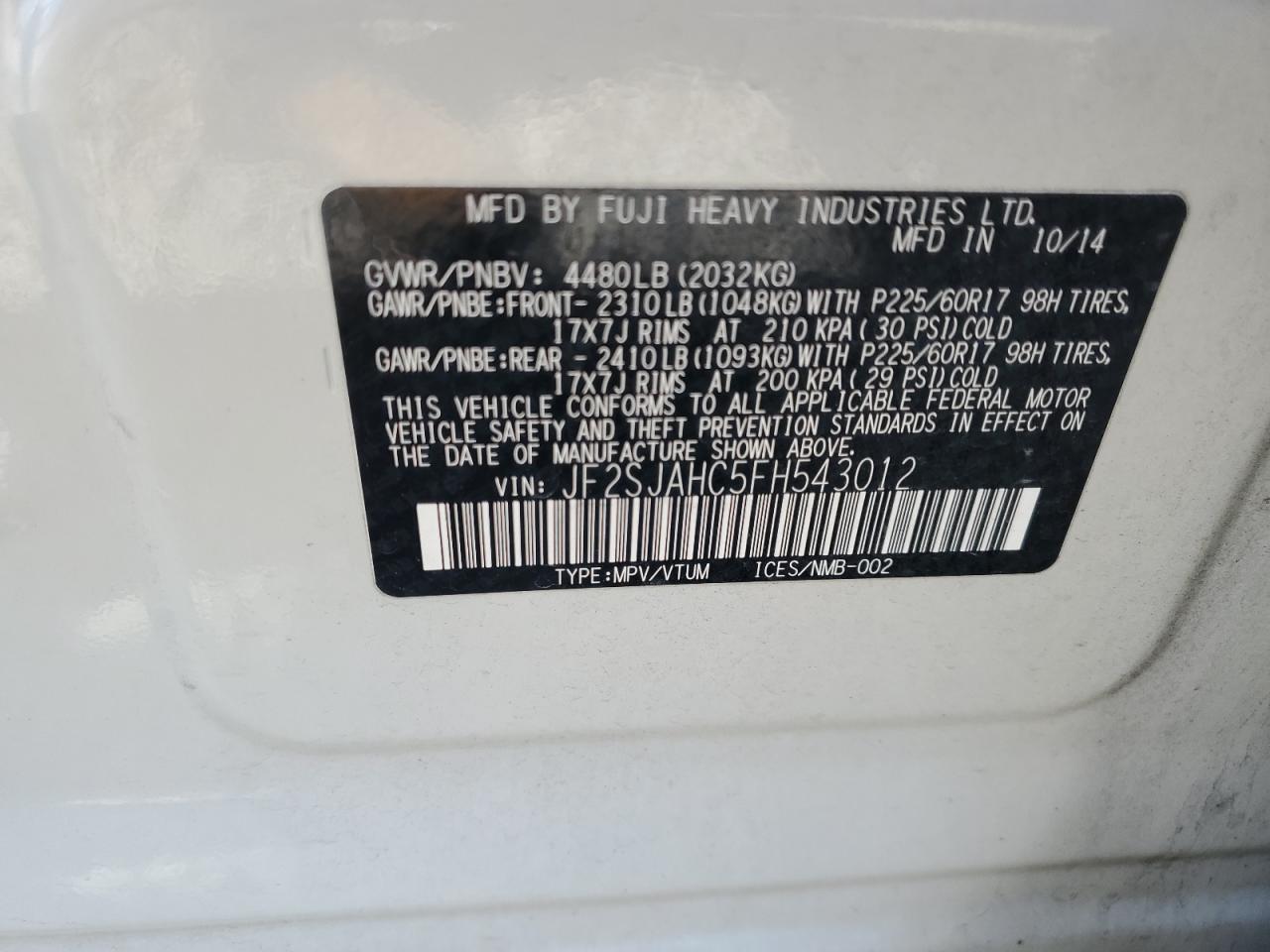 2015 Subaru Forester 2.5I Limited VIN: JF2SJAHC5FH543012 Lot: 52388885