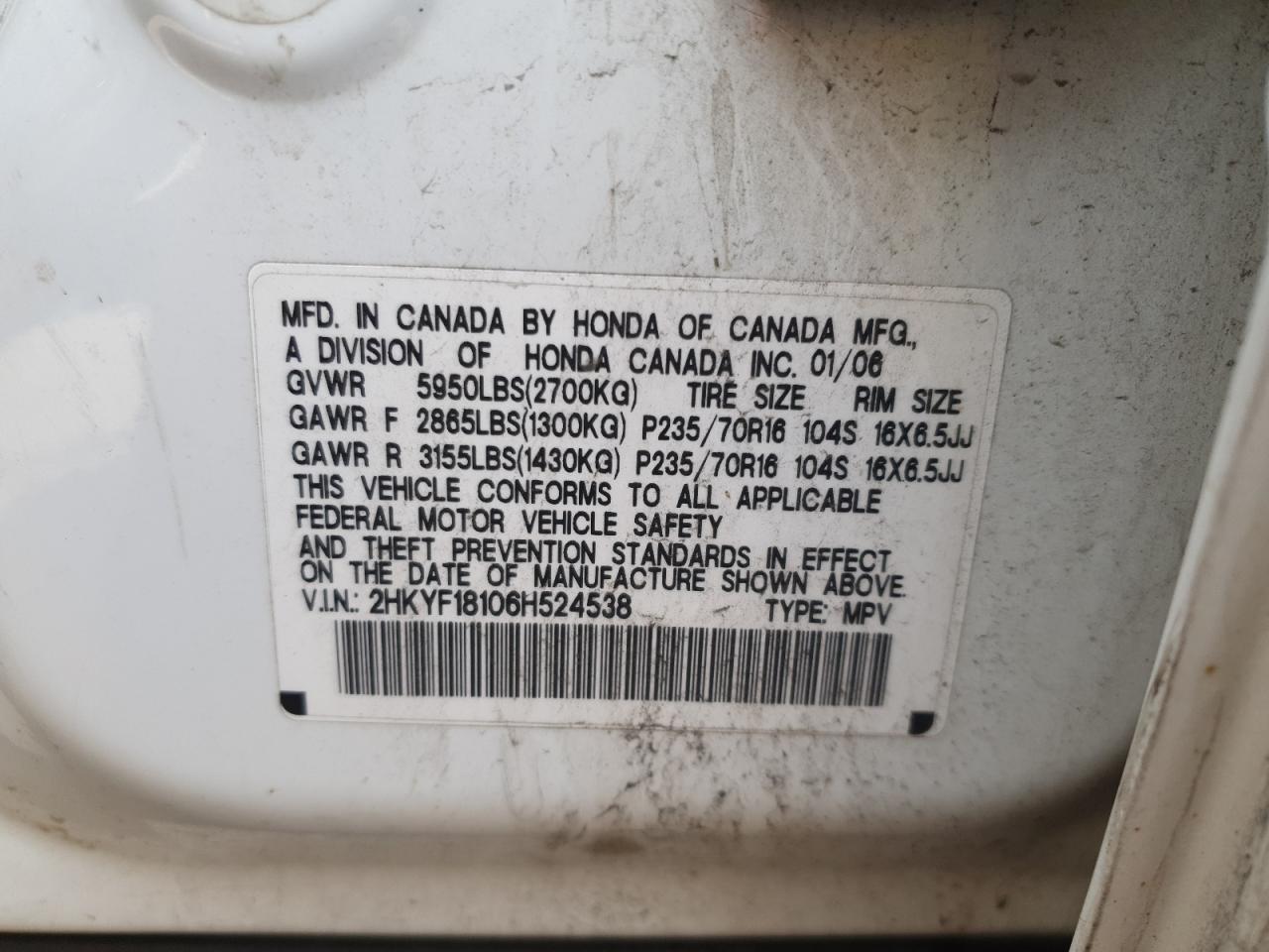 2006 Honda Pilot Lx VIN: 2HKYF18106H524538 Lot: 54786285