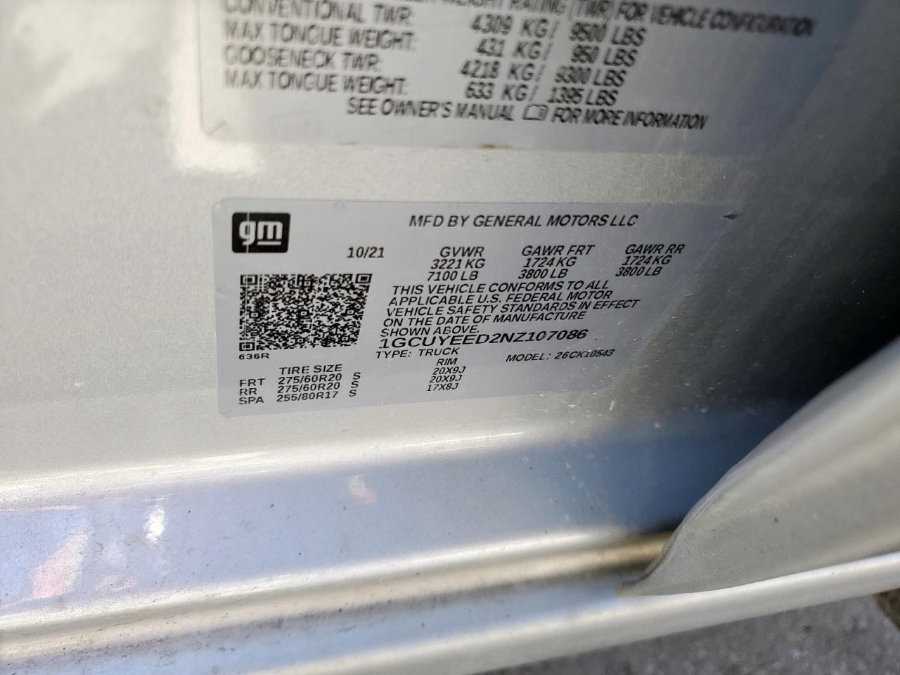 2022 Chevrolet Silverado Ltd K1500 Rst VIN: 1GCUYEED2NZ107086 Lot: 52027655
