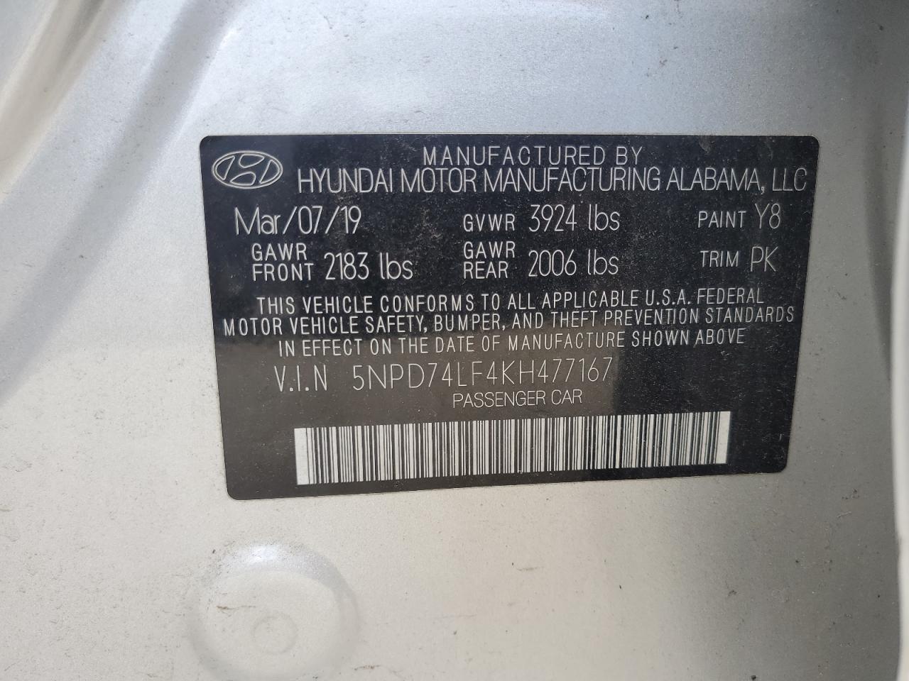 2019 Hyundai Elantra Se VIN: 5NPD74LF4KH477167 Lot: 55299735