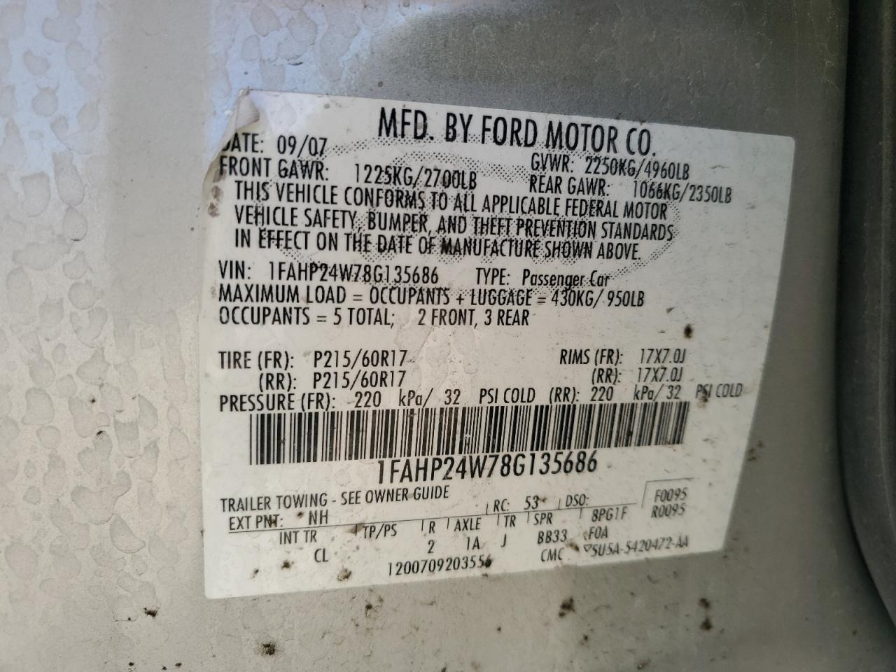 2008 Ford Taurus Sel VIN: 1FAHP24W78G135686 Lot: 52163485