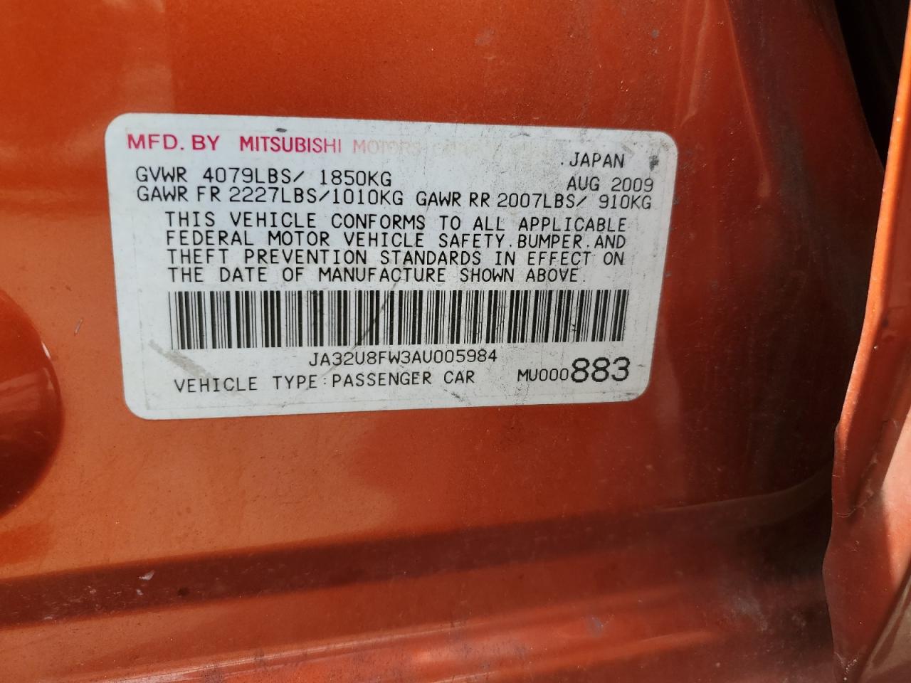 2010 Mitsubishi Lancer Gts VIN: JA32U8FW3AU005984 Lot: 52610025