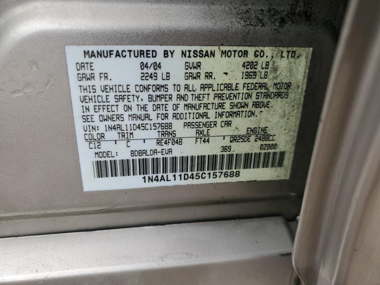 2005 Nissan Altima S VIN: 1N4AL11D45C157688 Lot: 53068045