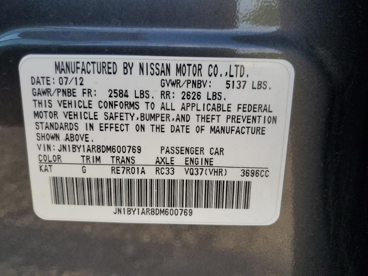 2013 Infiniti M37 X VIN: JN1BY1AR8DM600769 Lot: 54077445