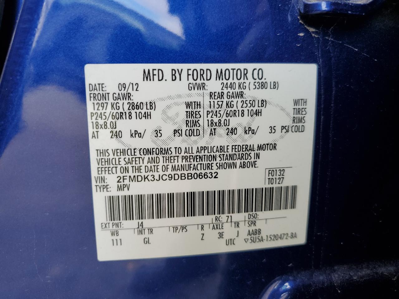 2013 Ford Edge Sel VIN: 2FMDK3JC9DBB06632 Lot: 53872105