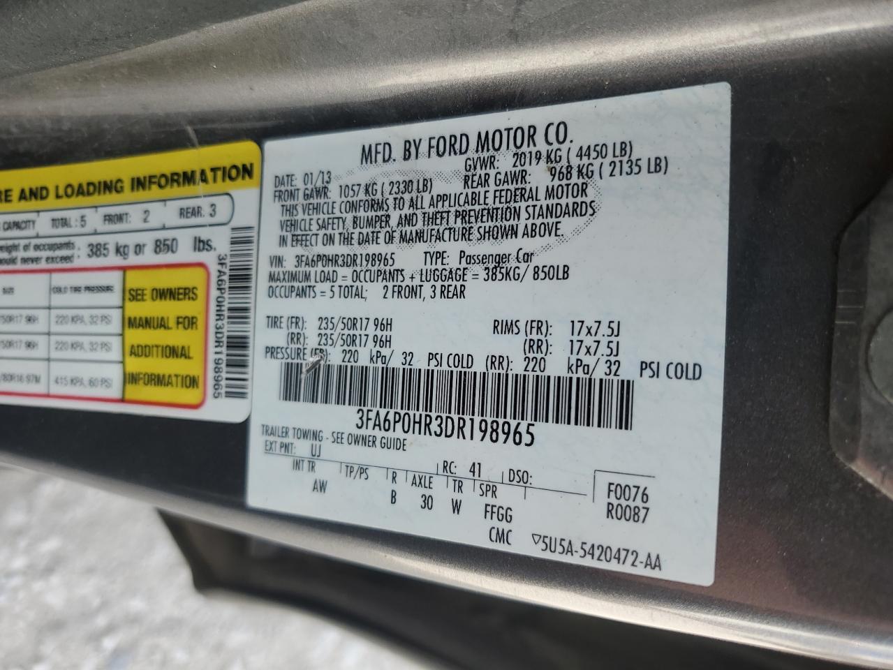 2013 Ford Fusion Se VIN: 3FA6P0HR3DR198965 Lot: 54304985