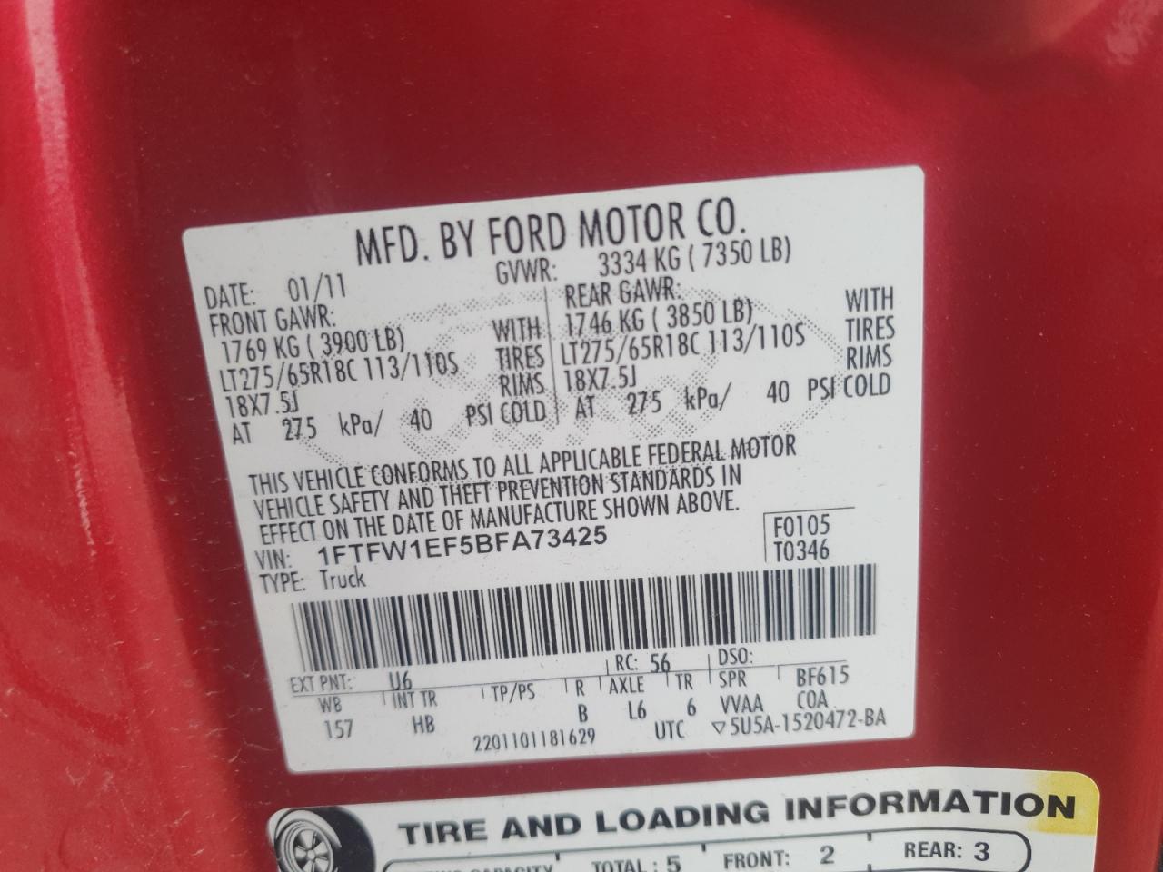 2011 Ford F150 Supercrew VIN: 1FTFW1EF5BFA73425 Lot: 51545565