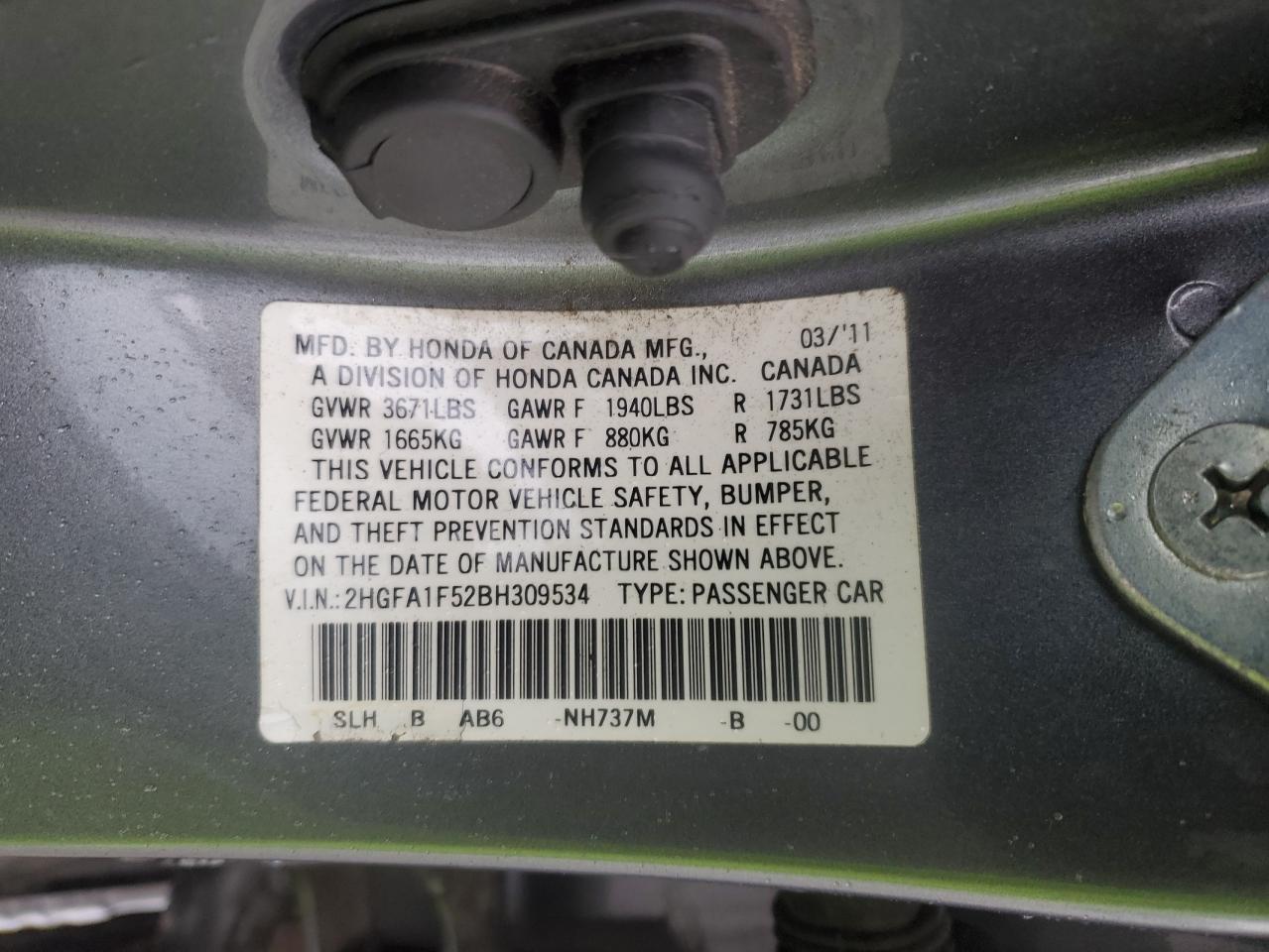 2011 Honda Civic Lx VIN: 2HGFA1F52BH309534 Lot: 51458165