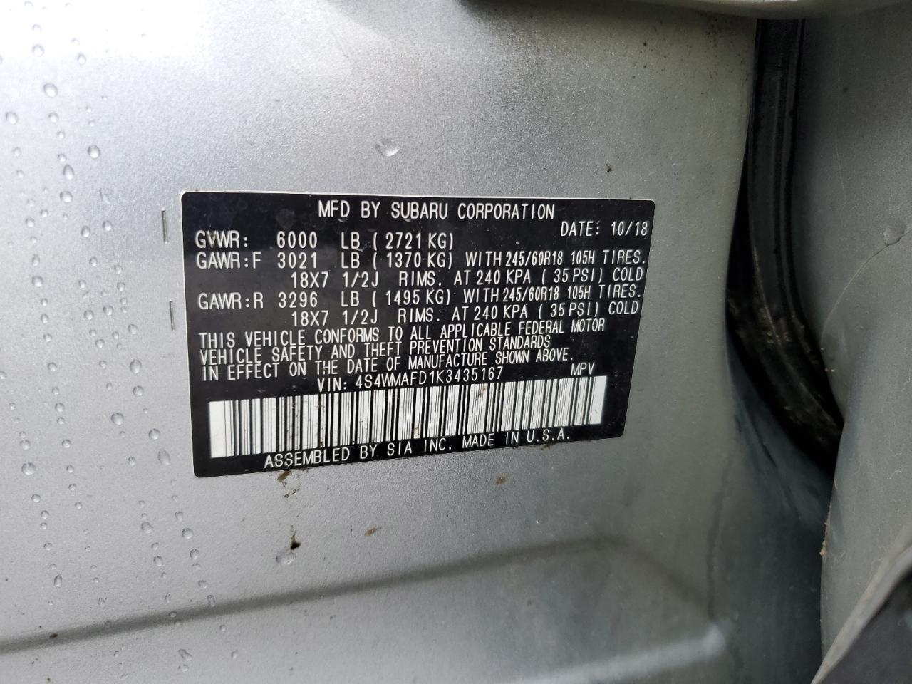 2019 Subaru Ascent Premium VIN: 4S4WMAFD1K3435167 Lot: 54485645