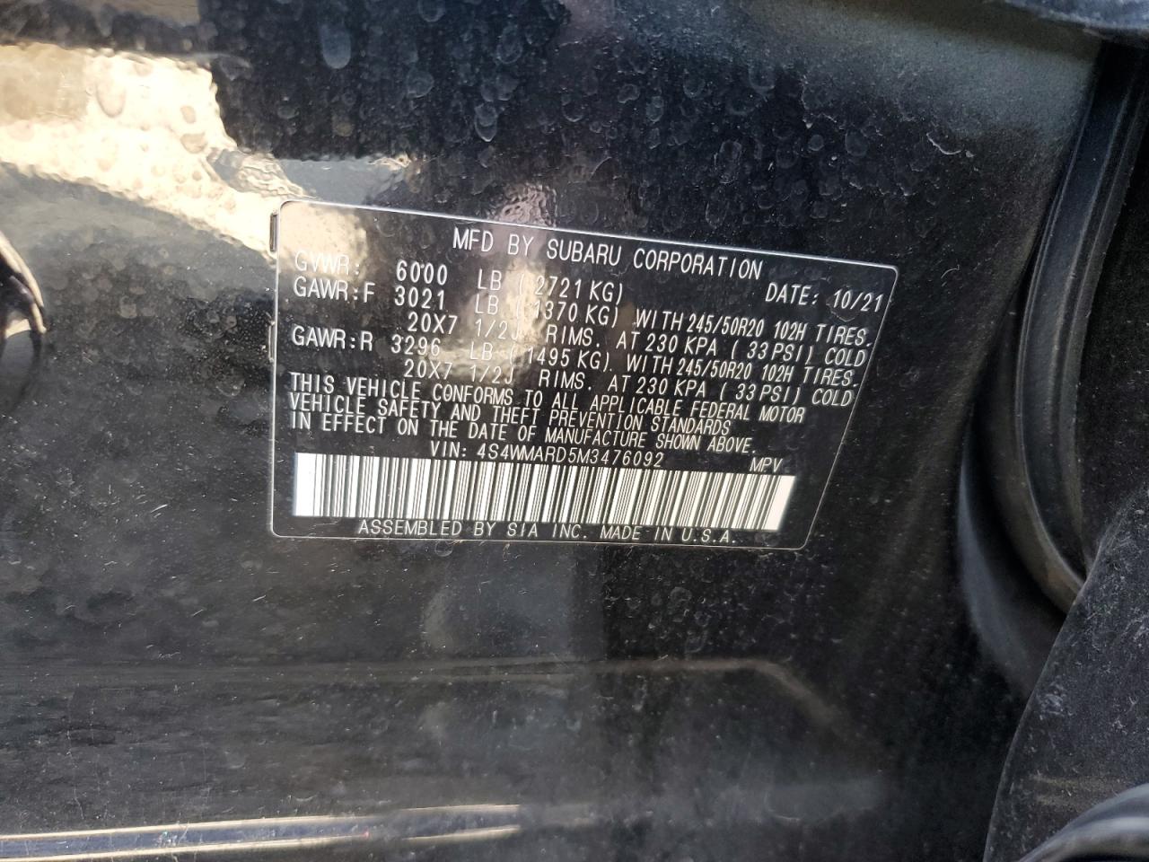 2021 Subaru Ascent Touring VIN: 4S4WMARD5M3476092 Lot: 54201735