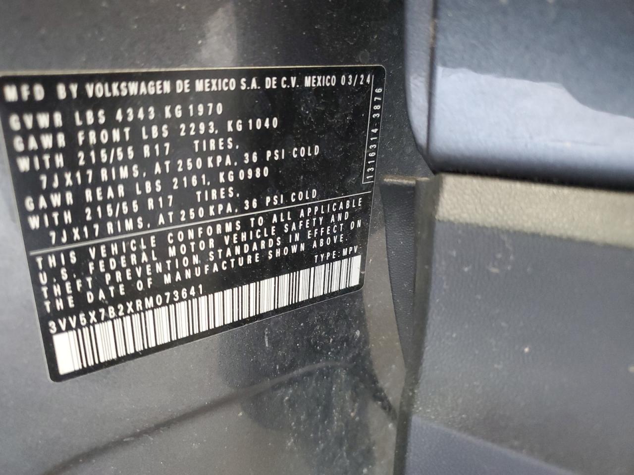 2024 Volkswagen Taos S VIN: 3VV5X7B2XRM073641 Lot: 55041775