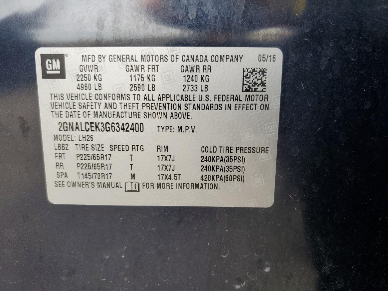 2016 Chevrolet Equinox Lt VIN: 2GNALCEK3G6342400 Lot: 55163865