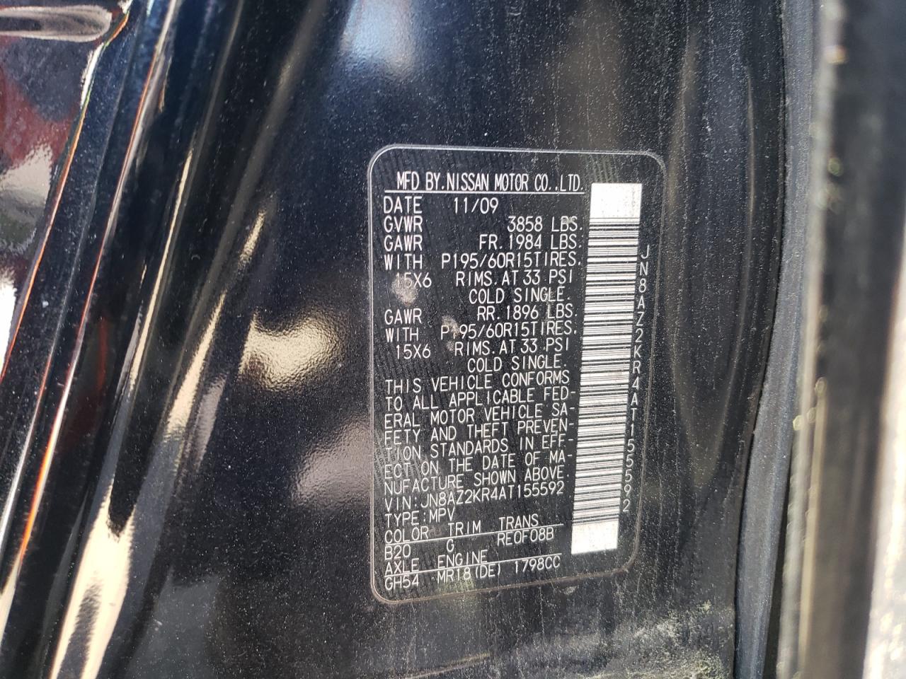 2010 Nissan Cube Base VIN: JN8AZ2KR4AT155592 Lot: 55804045