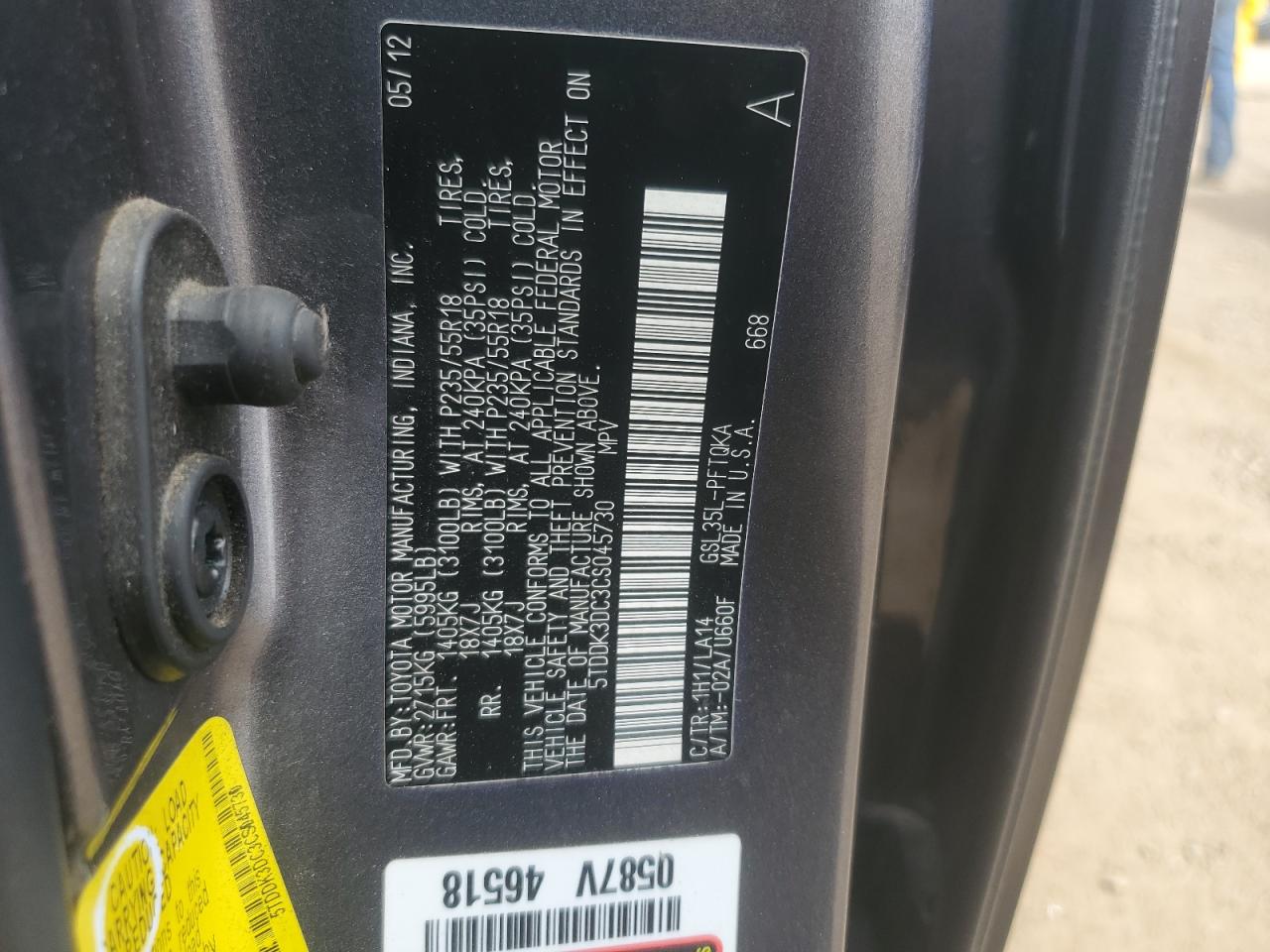 2012 Toyota Sienna Xle VIN: 5TDDK3DC3CS045730 Lot: 55307665