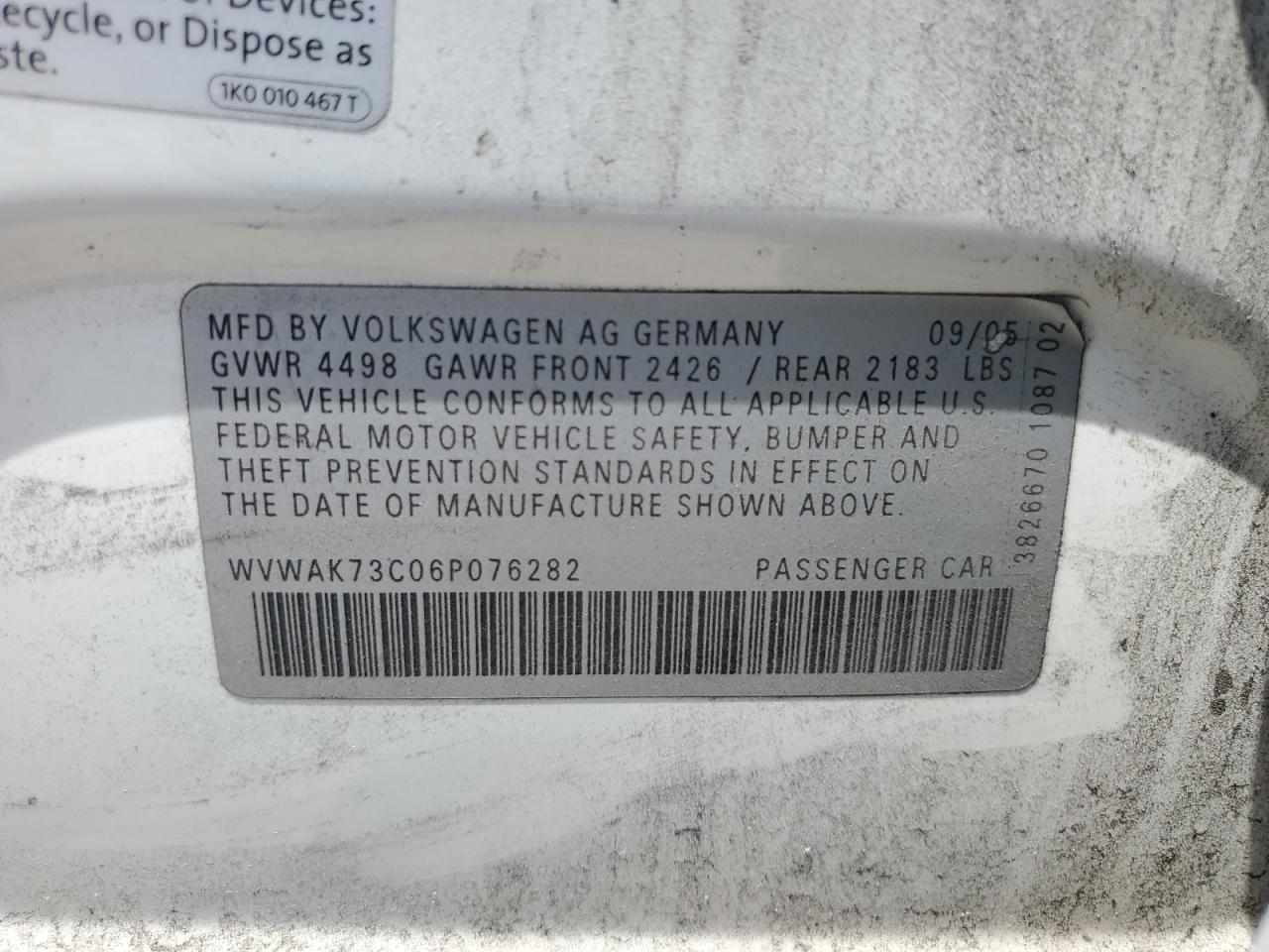 2006 Volkswagen Passat 2.0T VIN: WVWAK73C06P076282 Lot: 54867635
