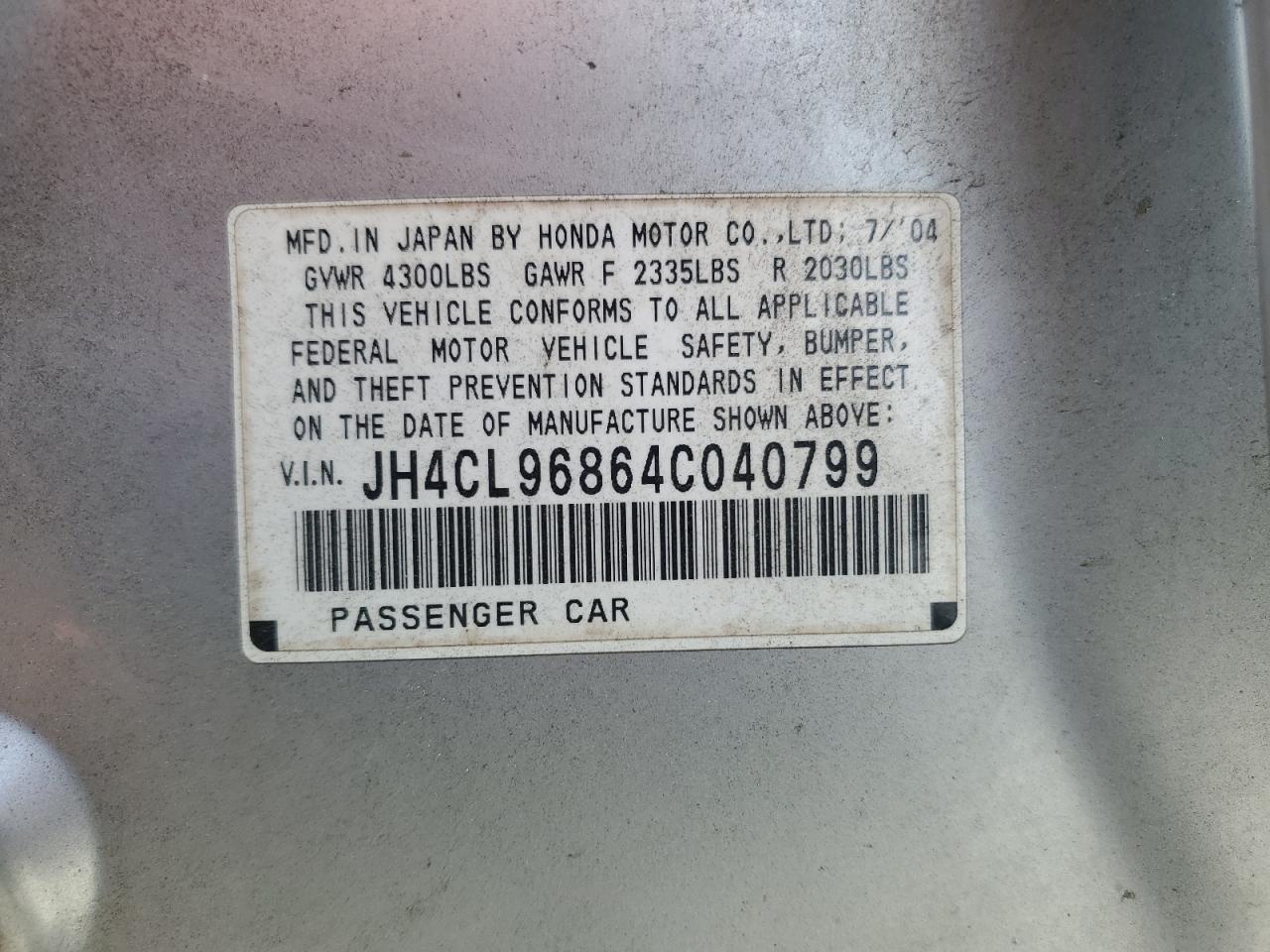 2004 Acura Tsx VIN: JH4CL96864C040799 Lot: 54727635