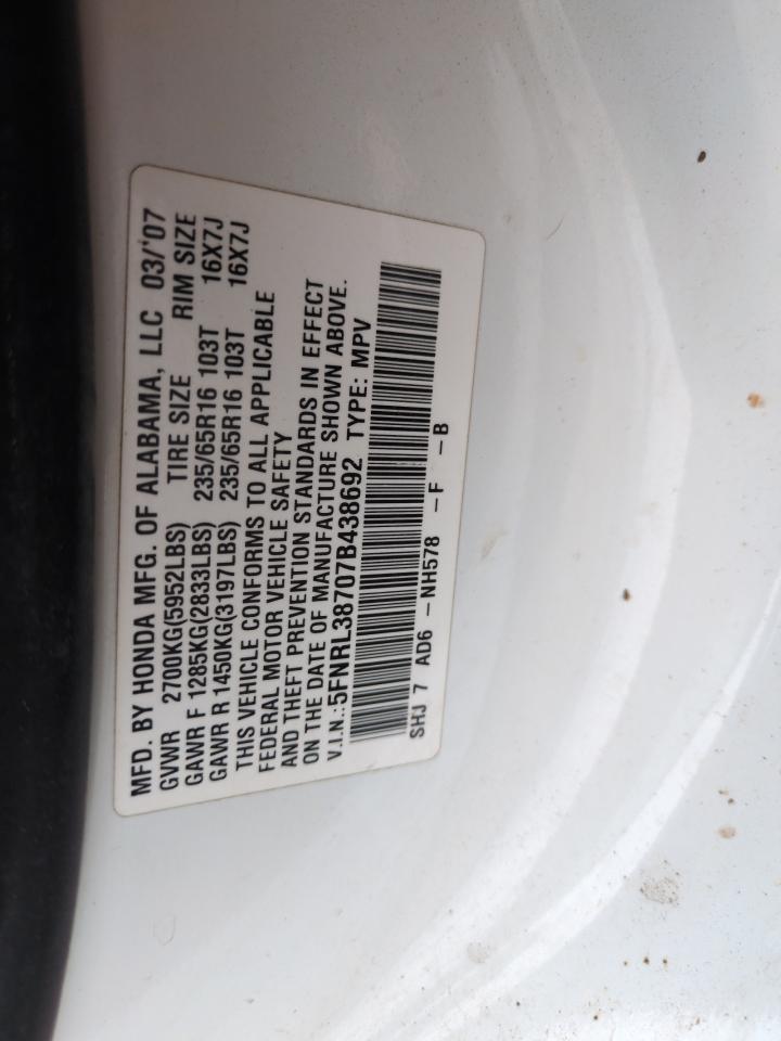 2007 Honda Odyssey Exl VIN: 5FNRL38707B438692 Lot: 51958665