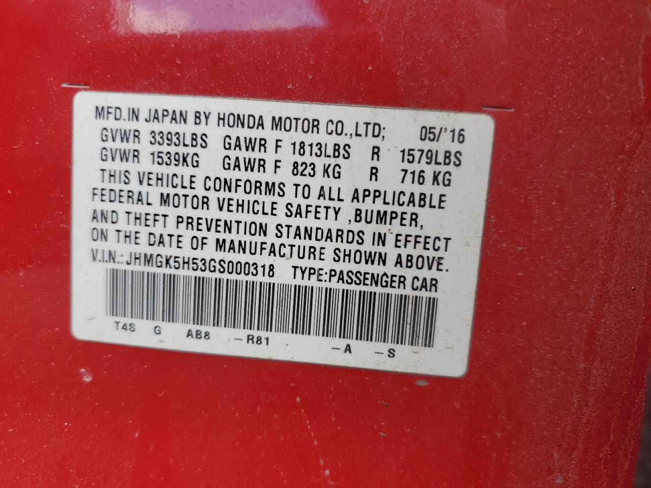 jhmgk5h53gs000318 JHMGK5H53GS000318 2016 Honda Fit Lx