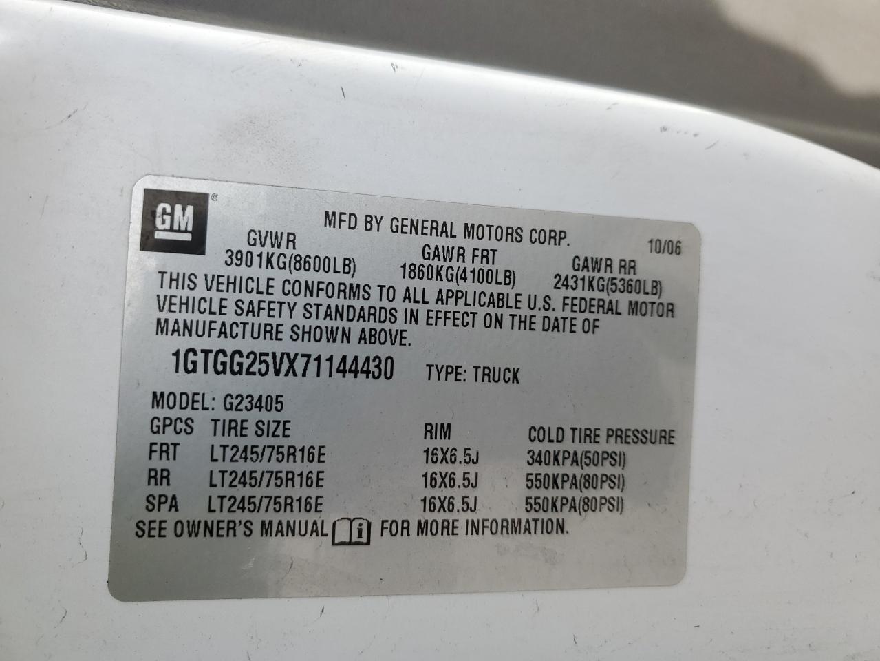 2007 GMC Savana G2500 VIN: 1GTGG25VX71144430 Lot: 54382925