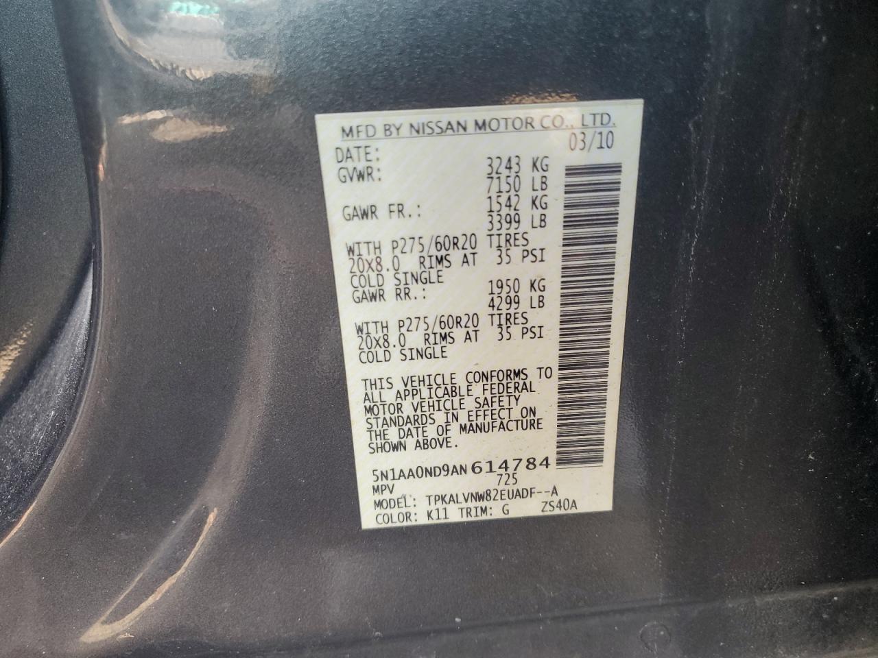 2010 Nissan Armada Se VIN: 5N1AA0ND9AN614784 Lot: 54399985