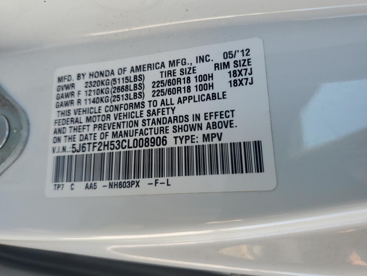 2012 Honda Crosstour Exl VIN: 5J6TF2H53CL008906 Lot: 53272495