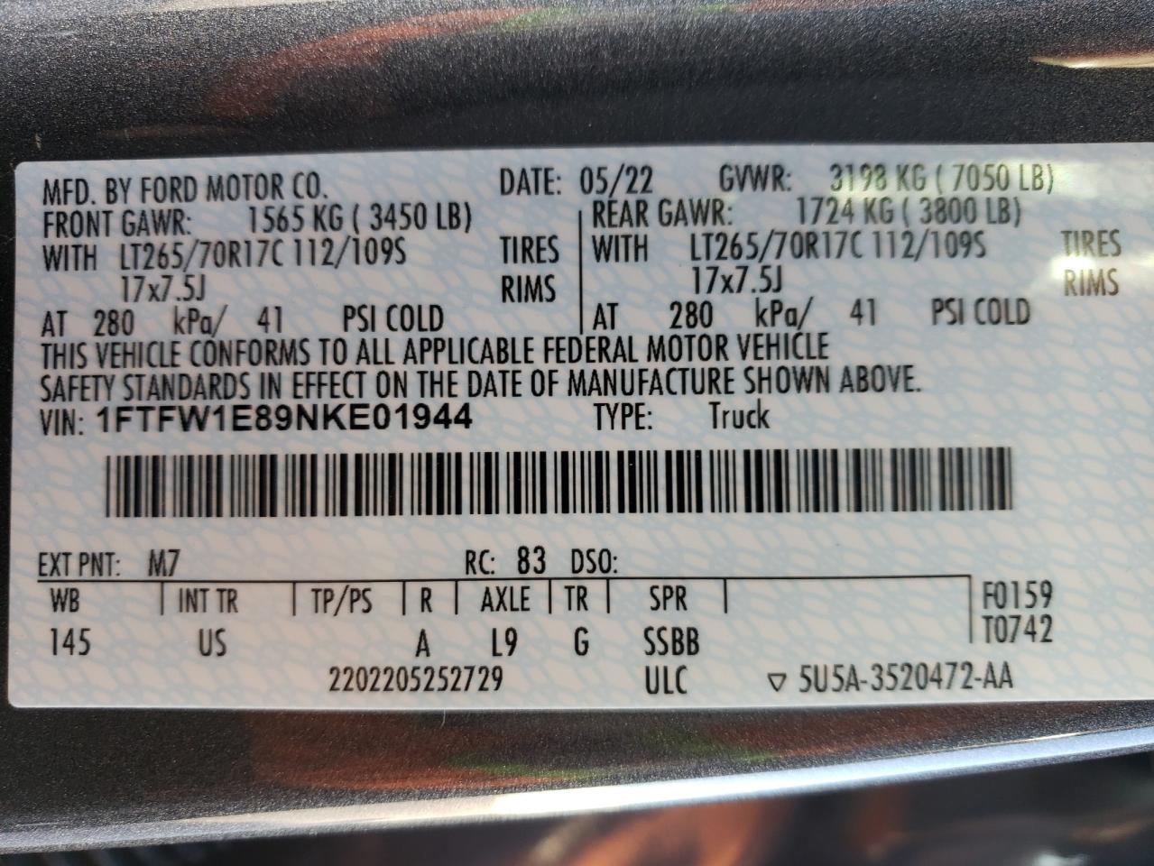 2022 Ford F150 Supercrew VIN: 1FTFW1E89NKE01944 Lot: 52094825