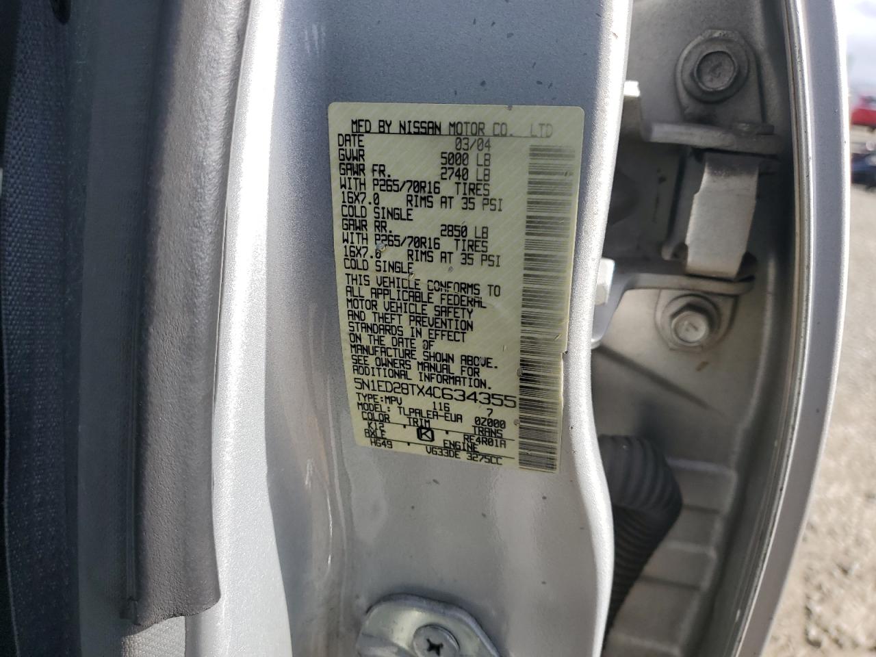 2004 Nissan Xterra Xe VIN: 5N1ED28TX4C634355 Lot: 51674595