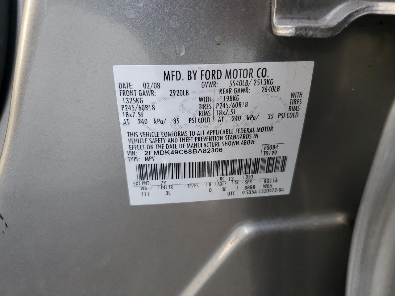 2008 Ford Edge Limited VIN: 2FMDK49C68BA82306 Lot: 54419685