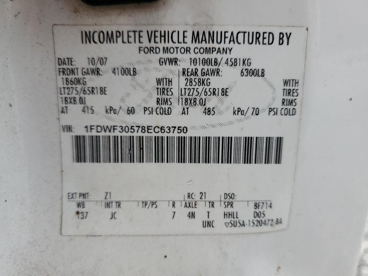 2008 Ford F350 Srw Super Duty VIN: 1FDWF30578EC63750 Lot: 53116585