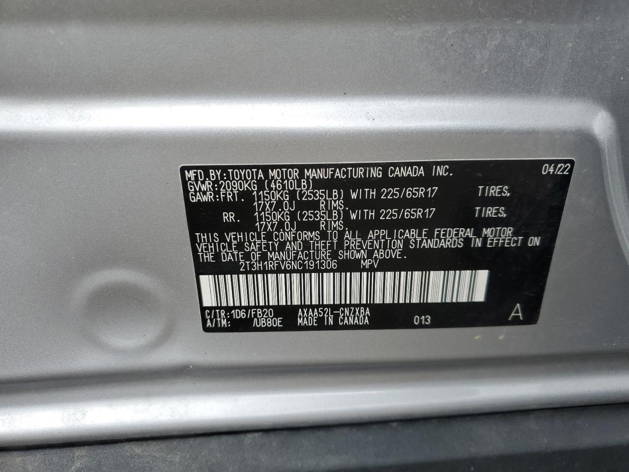 2022 Toyota Rav4 Le VIN: 2T3H1RFV6NC191306 Lot: 53026805