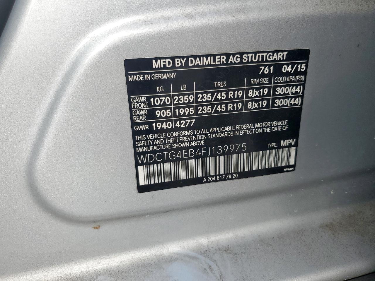 2015 Mercedes-Benz Gla 250 VIN: WDCTG4EB4FJ139975 Lot: 52929485