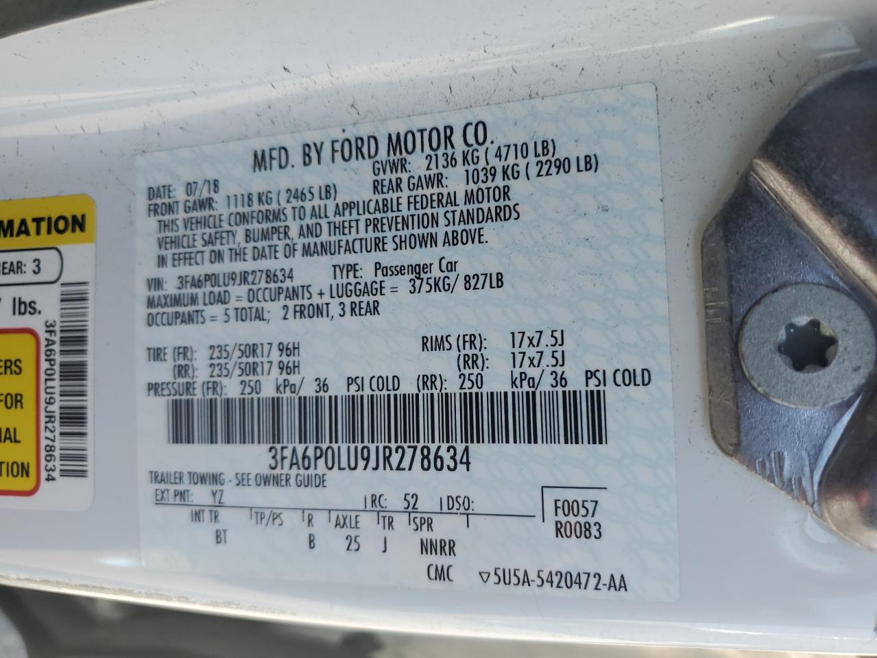 2018 Ford Fusion Se Hybrid VIN: 3FA6P0LU9JR278634 Lot: 54038195
