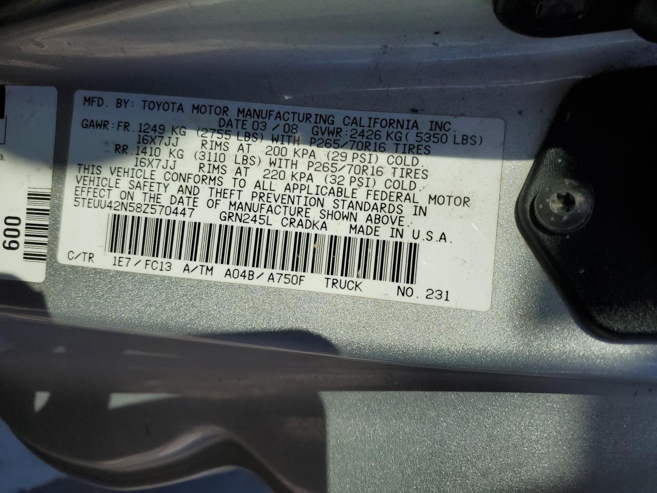 2008 Toyota Tacoma Access Cab VIN: 5TEUU42N58Z570447 Lot: 53819395
