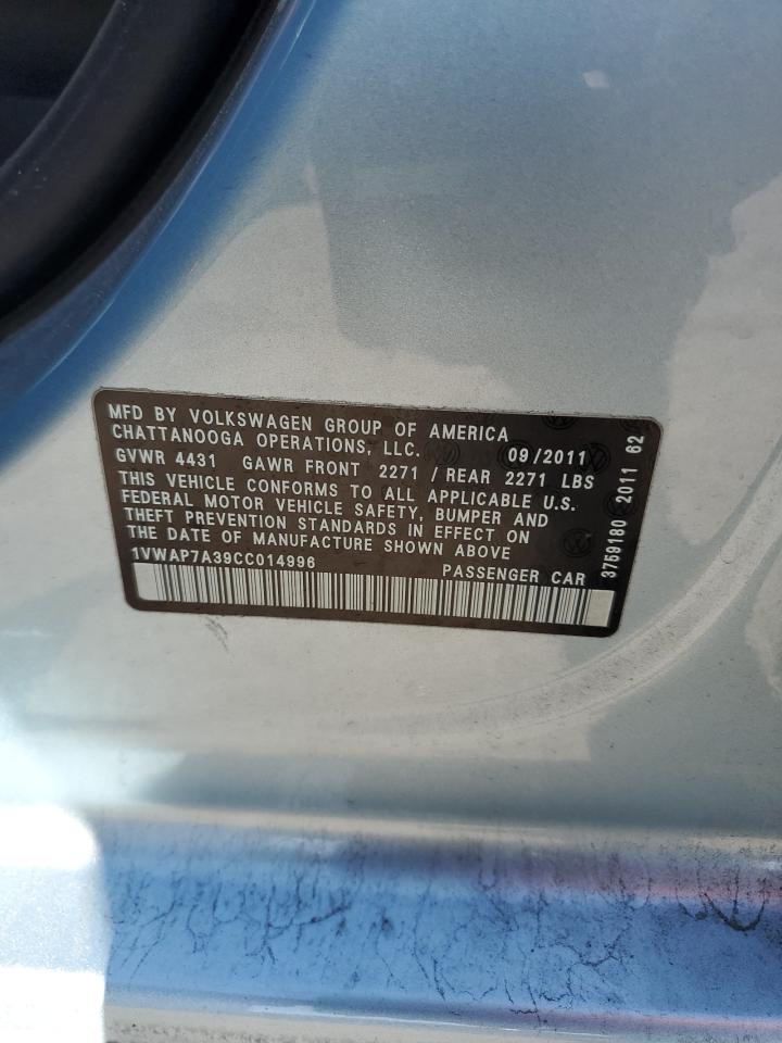 2012 Volkswagen Passat S VIN: 1VWAP7A39CC014996 Lot: 51766725