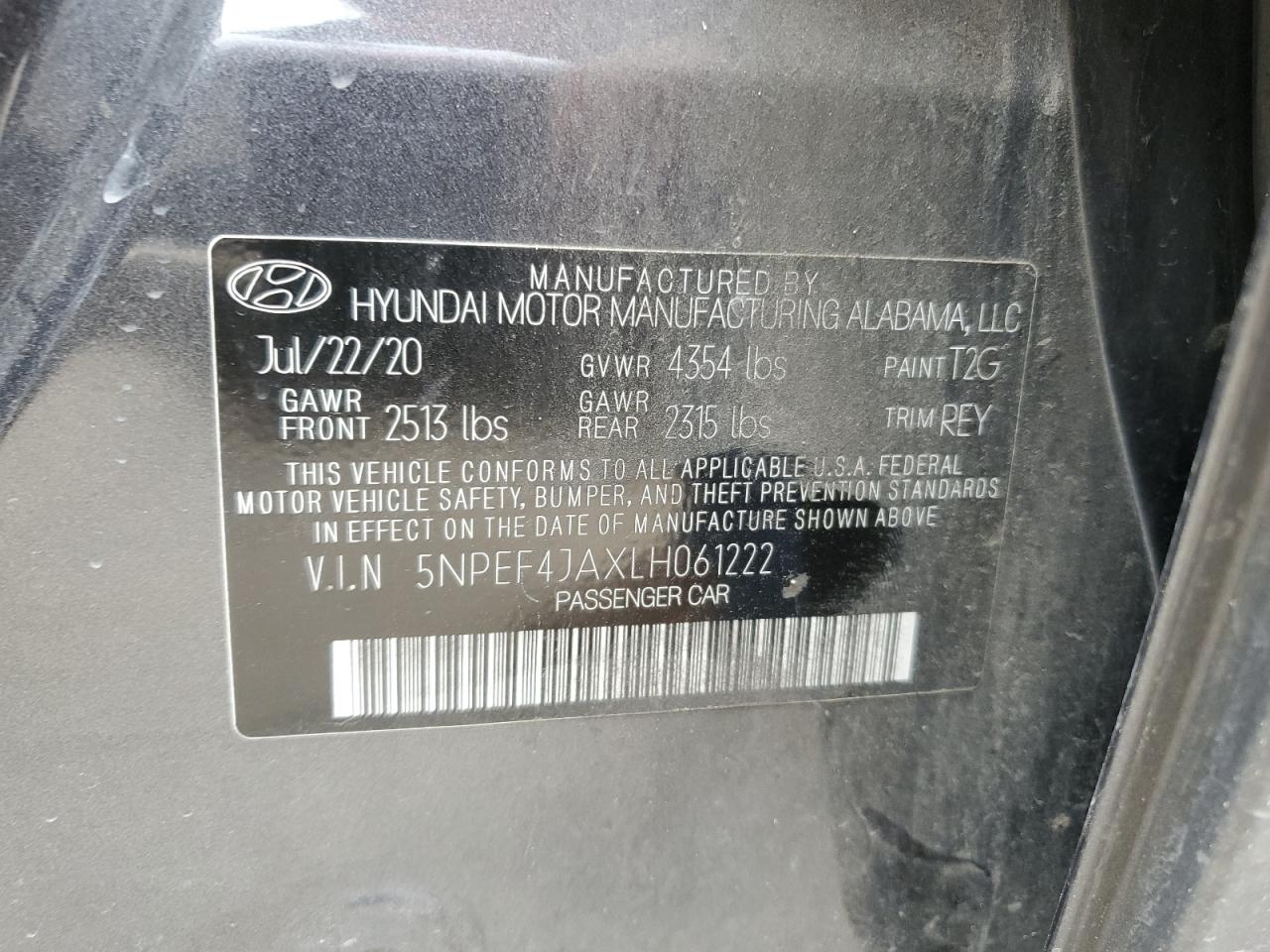 2020 Hyundai Sonata Sel VIN: 5NPEF4JAXLH061222 Lot: 50411325