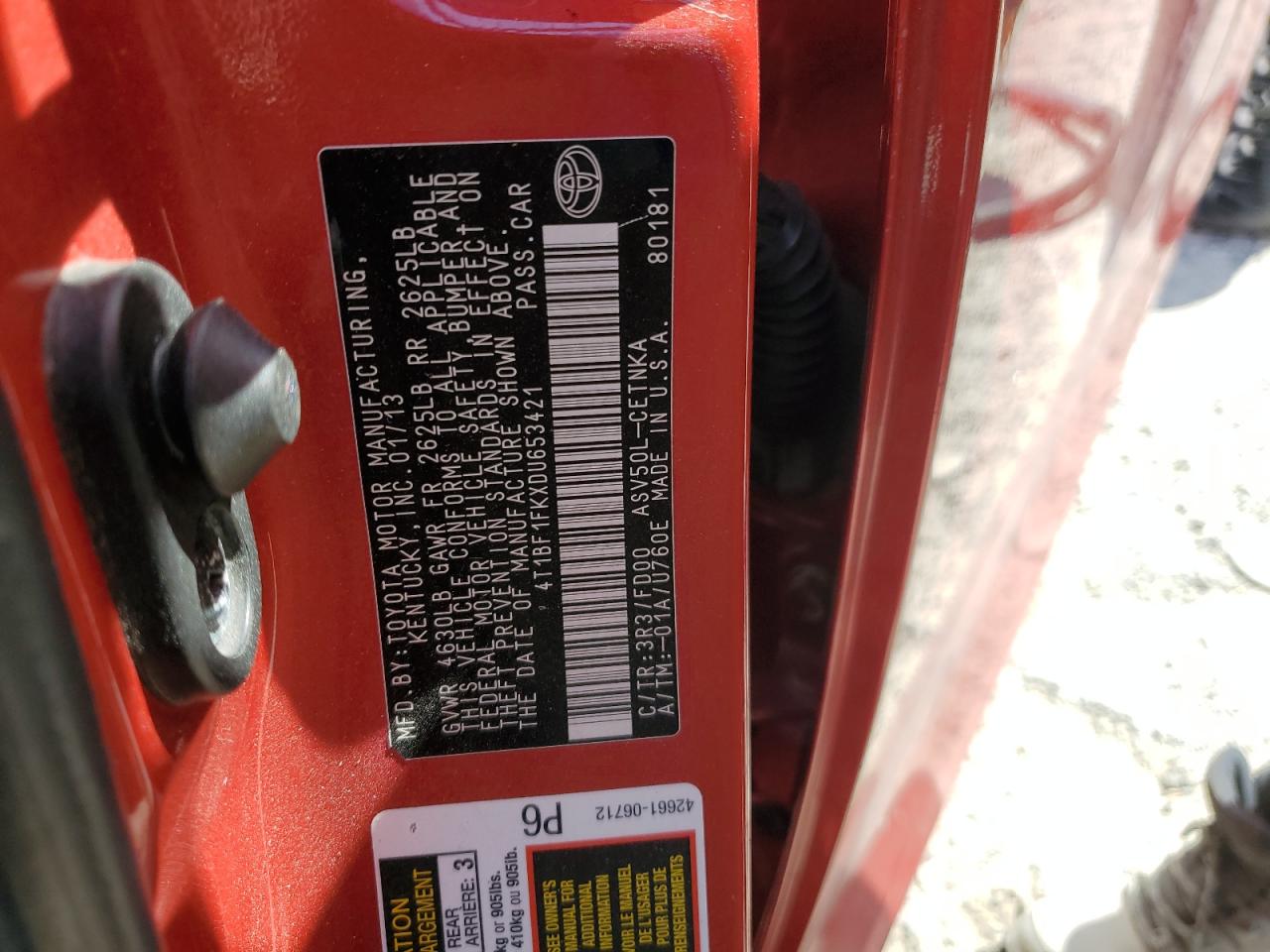 2013 Toyota Camry L VIN: 4T1BF1FKXDU653421 Lot: 54728585