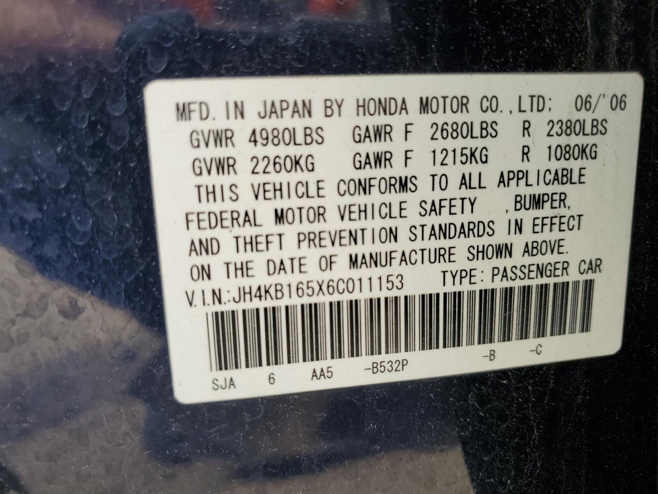 2006 Acura Rl VIN: JH4KB165X6C011153 Lot: 53425365