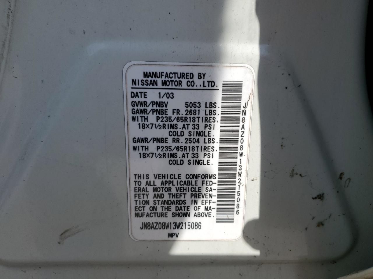 2003 Nissan Murano Sl VIN: JN8AZ08W13W215086 Lot: 63312955
