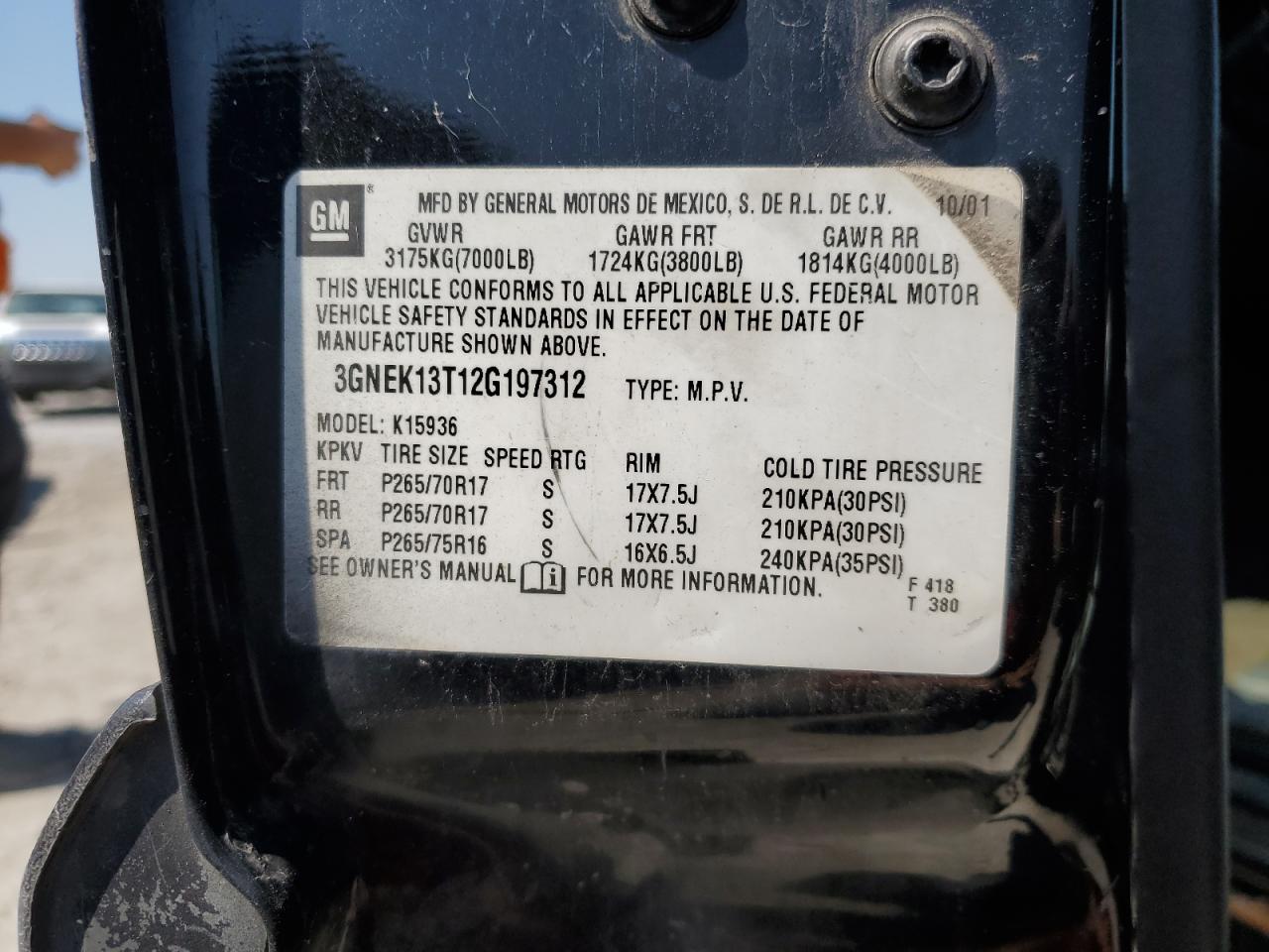 2002 Chevrolet Avalanche K1500 VIN: 3GNEK13T12G197312 Lot: 53496625