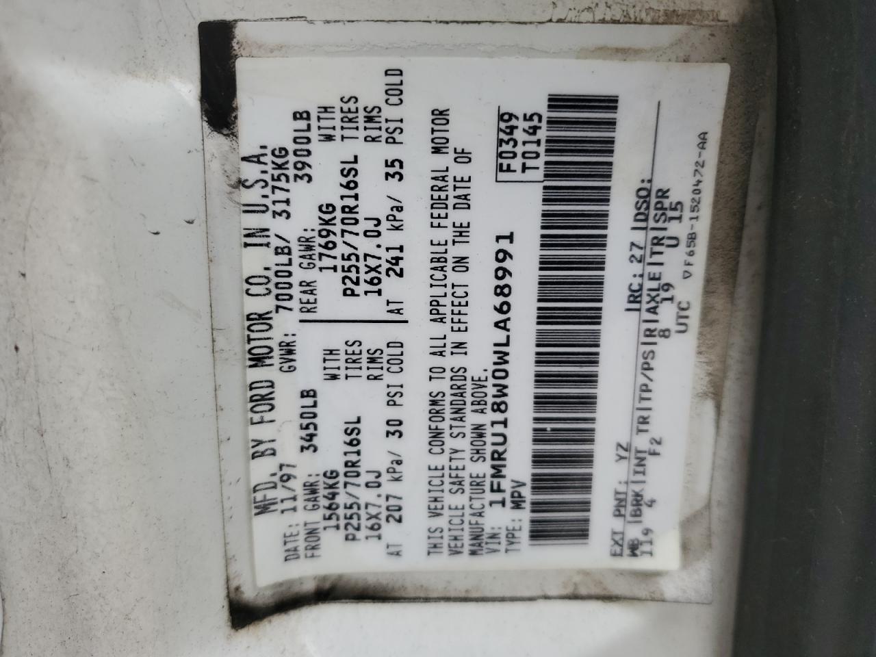 1998 Ford Expedition VIN: 1FMRU18W0WLA68991 Lot: 50852025