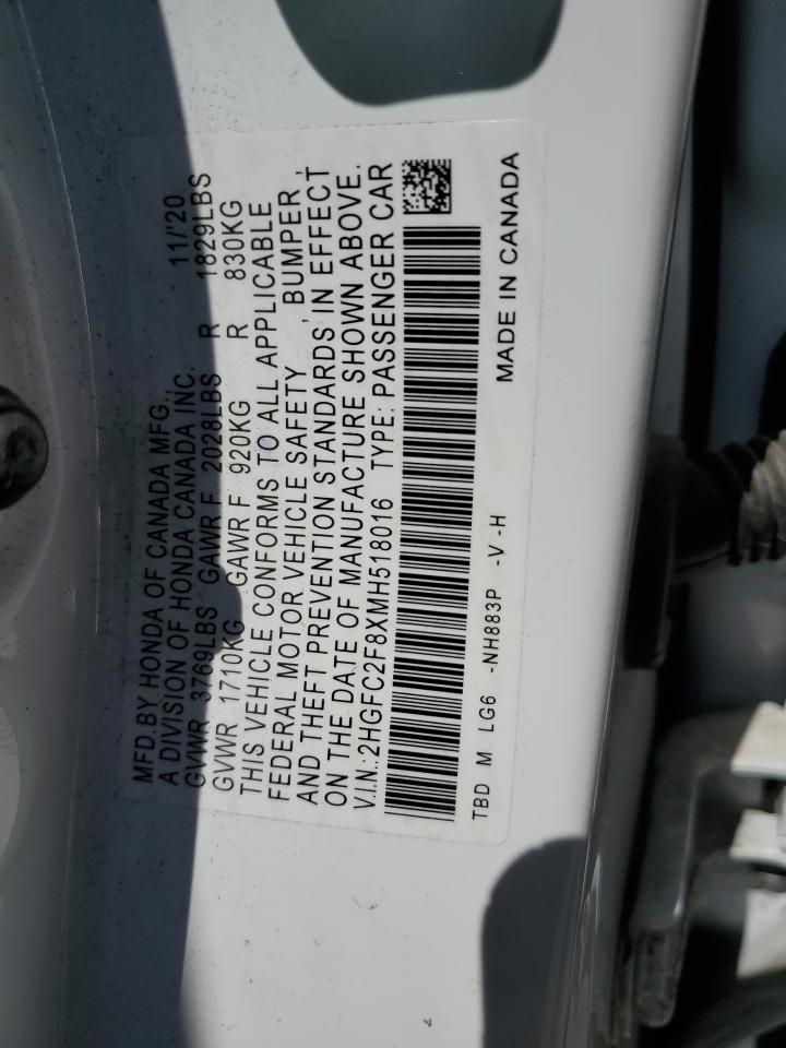 2021 Honda Civic Sport VIN: 2HGFC2F8XMH518016 Lot: 54835935