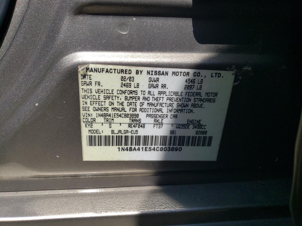 2004 Nissan Maxima Se VIN: 1N4BA41E54C803890 Lot: 53302125