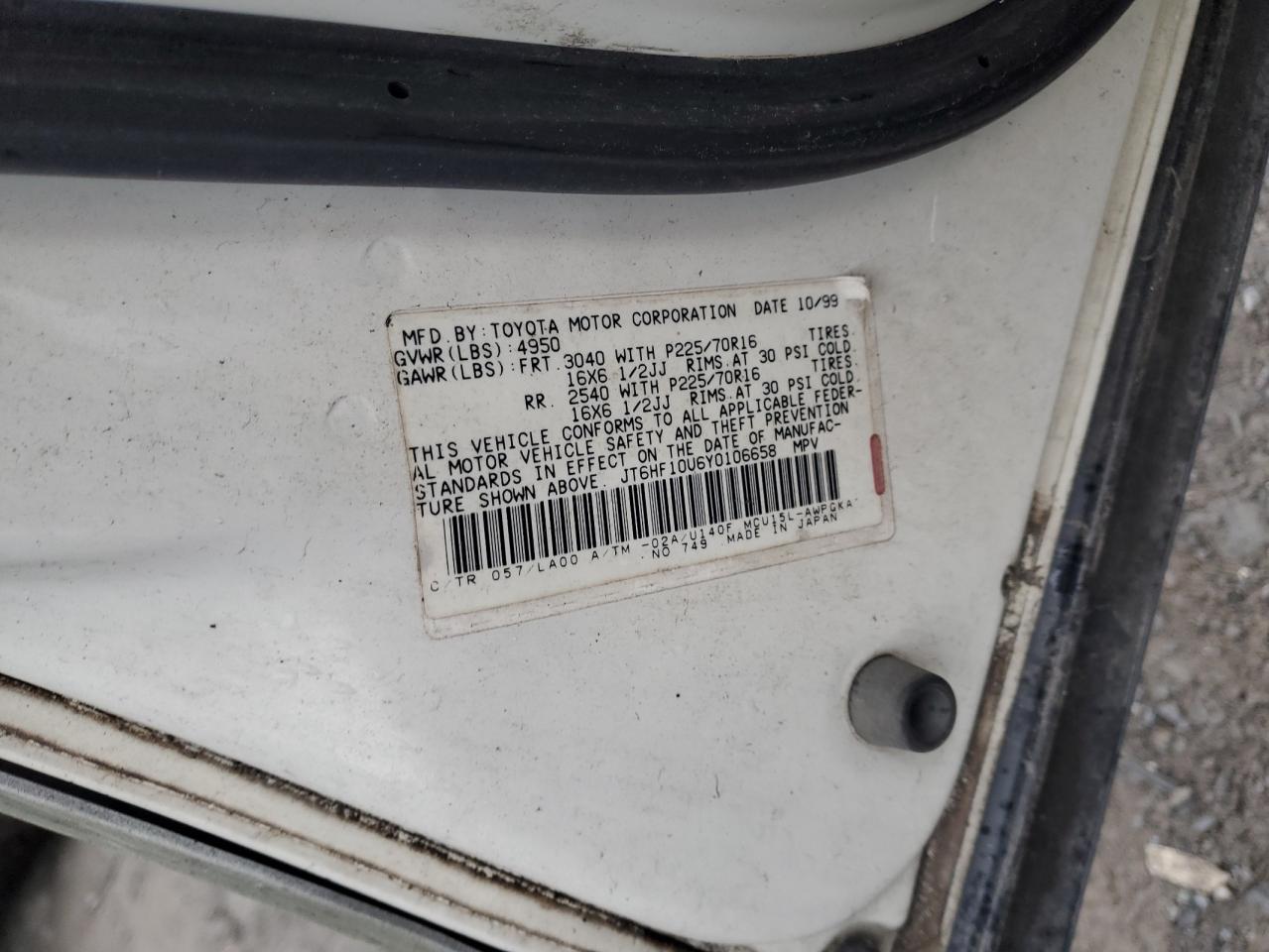 2000 Lexus Rx 300 VIN: JT6HF10U6Y0106658 Lot: 52417055