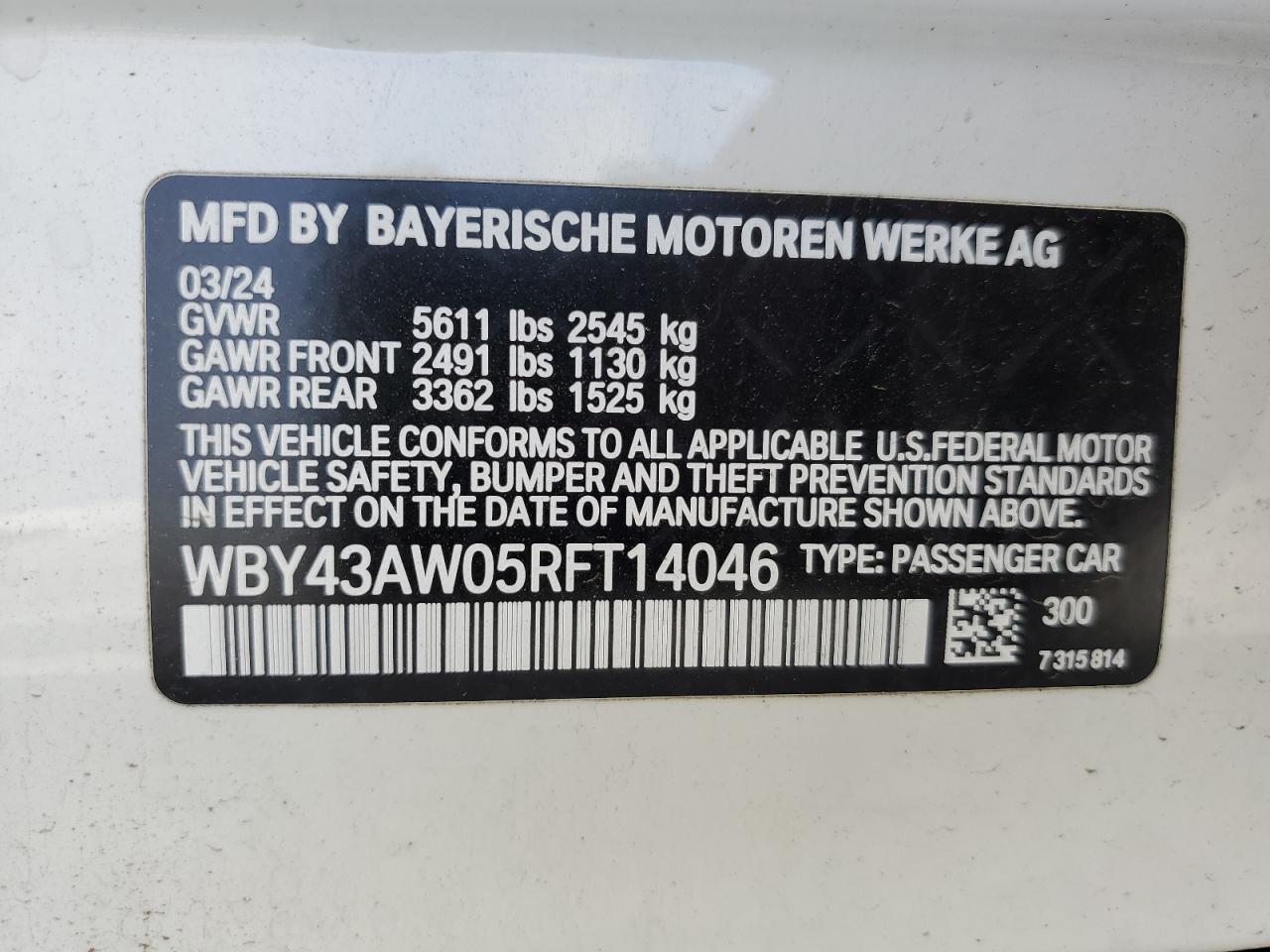 2024 BMW I4 Edrive 35 VIN: WBY43AW05RFT14046 Lot: 54940645