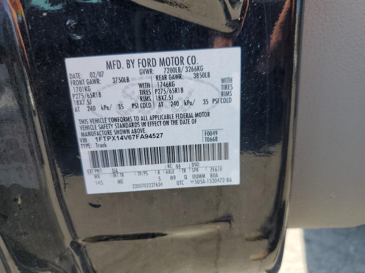 2007 Ford F150 VIN: 1FTPX14V67FA94527 Lot: 54608495