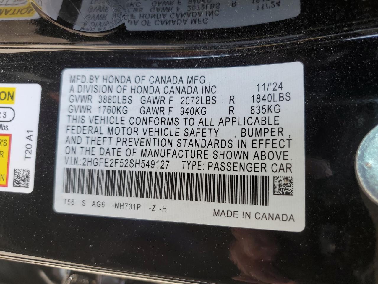 2025 Honda Civic Sport VIN: 2HGFE2F52SH549127 Lot: 55337205